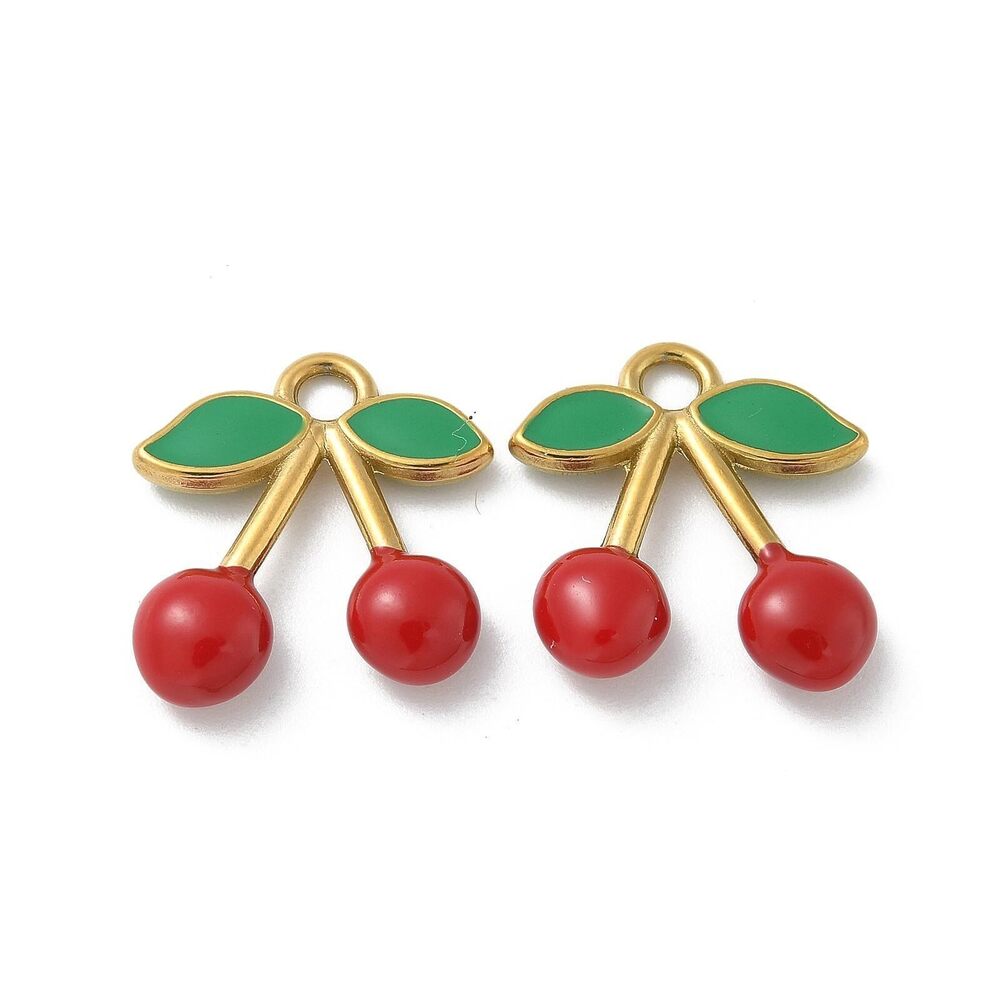9674 10pcs Stainless Steel Cherry Charms Enamel Fruit Charms Cute Food